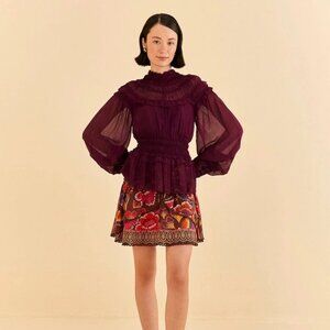 NWT FARM RIO Burgundy Ruffled Peplum Smocked Blouse Size L